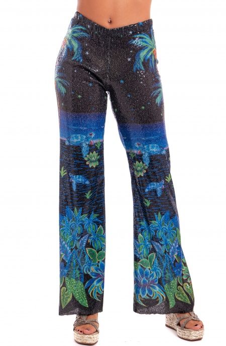 Pin Up Stars Pantalone Zampa Paillettes Stampa Hawaii Promozione