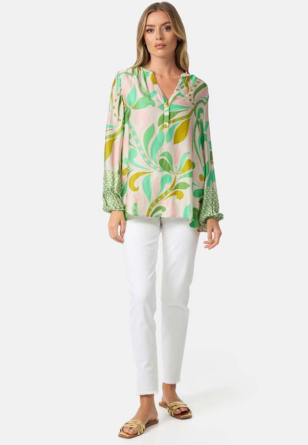 Please Jeans BLUSA CATNOIR IN ECOVEROSATIN - FIORI VERDI Vendita Calda
