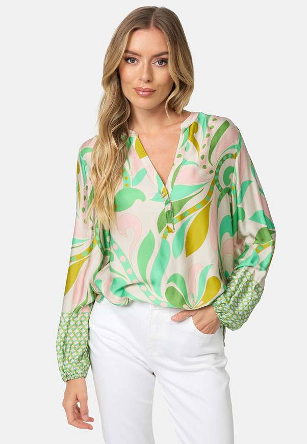 Please Jeans BLUSA CATNOIR IN ECOVEROSATIN - FIORI VERDI Vendita Calda