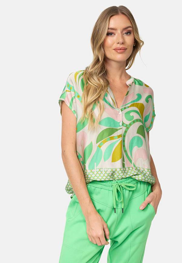 Please Jeans BLUSA CATNOIR A MANICHE CORTE IN ECOVEROSATIN - FIORI VERDI Vendita Economica