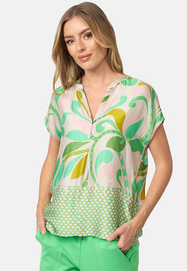 Please Jeans BLUSA CATNOIR A MANICHE CORTE IN ECOVEROSATIN - FIORI VERDI Vendita Economica