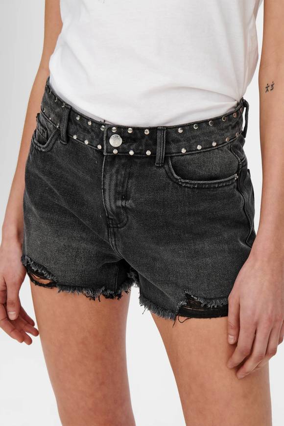 Please Jeans ONLPACY HW STUDDED DENIM SHORTS - 152 006 BLACK DENIM Nuovo