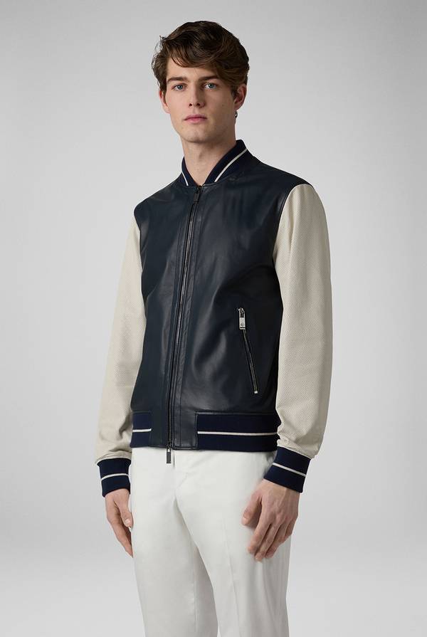 Pull Pal Zileri Varsity Jacket in nappa bicolore blu e panna Consegna Veloce