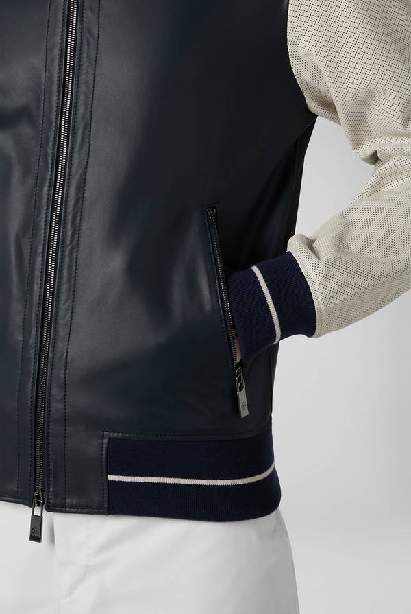 Pull Pal Zileri Varsity Jacket in nappa bicolore blu e panna Consegna Veloce
