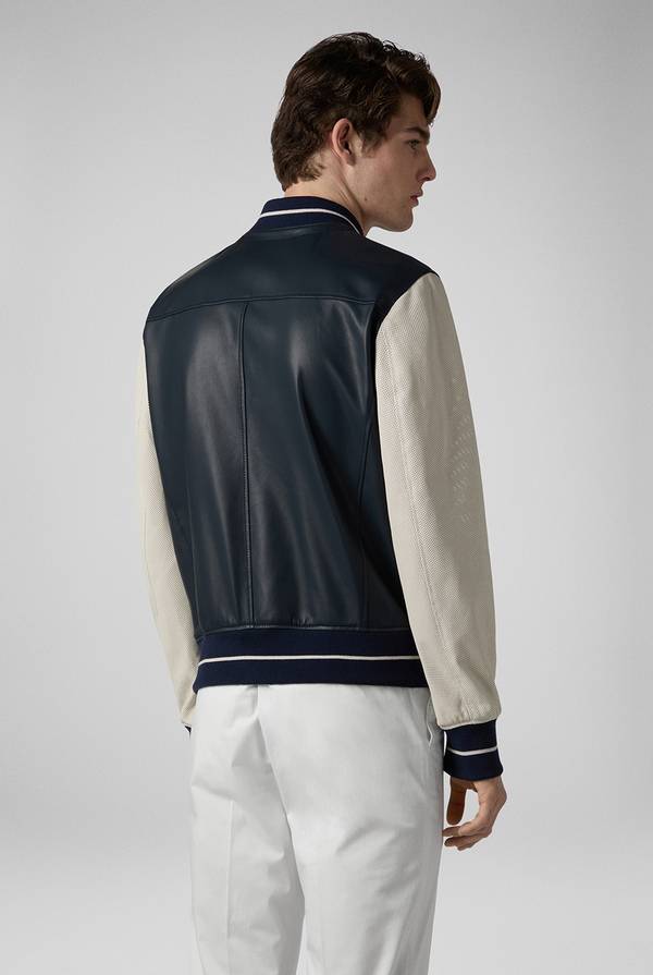 Pull Pal Zileri Varsity Jacket in nappa bicolore blu e panna Consegna Veloce