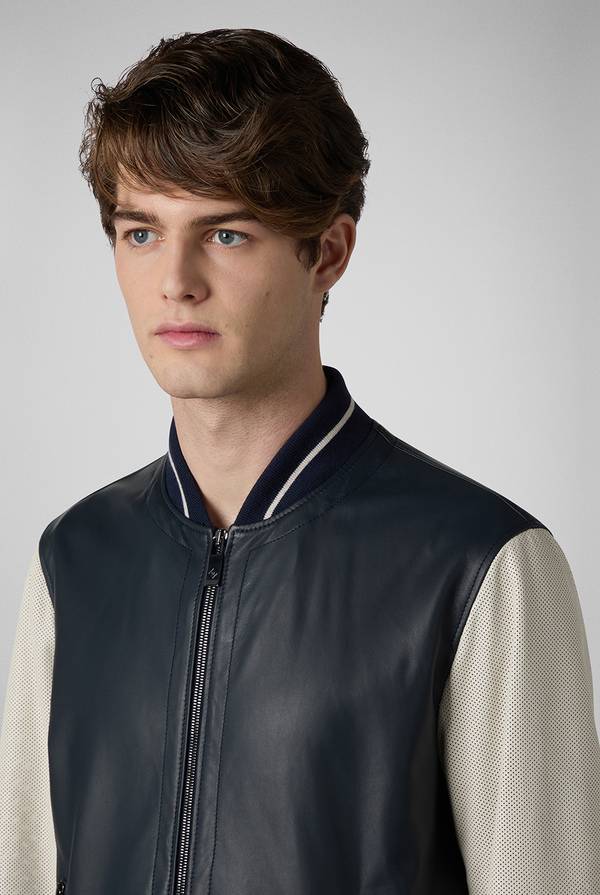 Pull Pal Zileri Varsity Jacket in nappa bicolore blu e panna Consegna Veloce