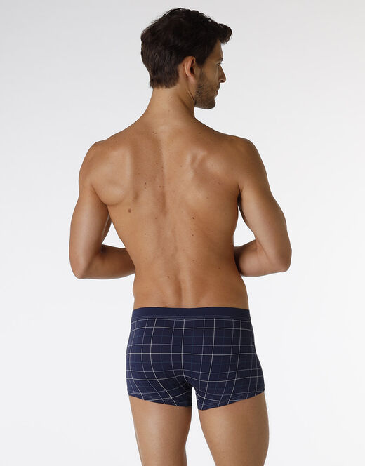 Lovable Boxer Casual Stretch Cotton in cotone elasticizzato, blu navy con stampa a quadri In Vendita