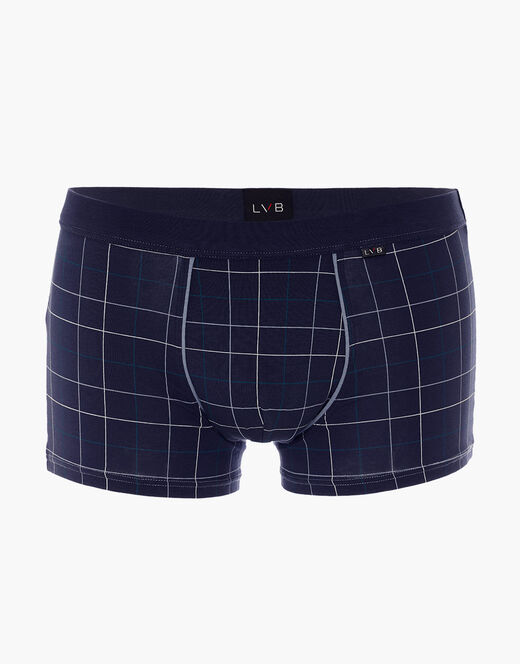 Lovable Boxer Casual Stretch Cotton in cotone elasticizzato, blu navy con stampa a quadri In Vendita