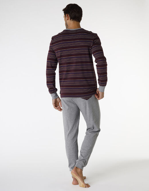 Lovable Pigiama lungo in interlock di cotone, bordeaux con righe multicolor In Saldo