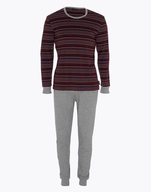 Lovable Pigiama lungo in interlock di cotone, bordeaux con righe multicolor In Saldo