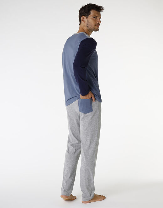 Lovable Piagiama lungo in cotone, blu polvere, blu navy e grigio melange Consegna Veloce