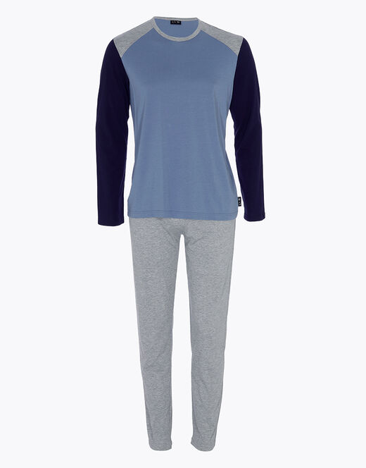Lovable Piagiama lungo in cotone, blu polvere, blu navy e grigio melange Consegna Veloce