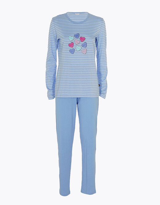 Lovable Pigiama lungo chiuso in jersey di cotone, azzurro a righe con stampa Online