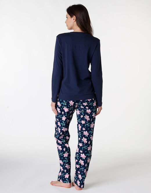 Lovable Pigiama lungo in interlock di cotone, blu con stampa floreale Outlet