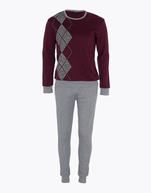 Lovable Pigiama lungo in interlock di cotone, bordeaux e grigio melange Spedizione Gratuita