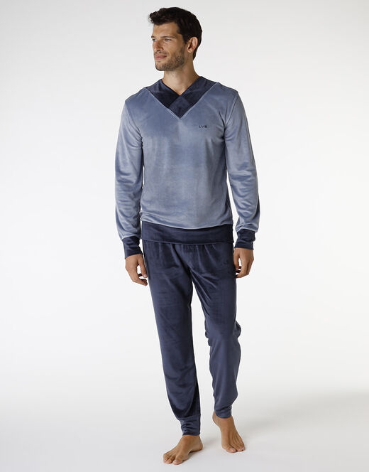 Lovable Pigiama lungo in ciniglia, blu polvere e blu navy Novità
