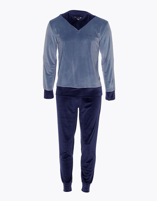 Lovable Pigiama lungo in ciniglia, blu polvere e blu navy Novità
