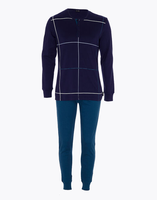 Lovable Pigiama lungo in interlock di cotone, blu navy con stampa a quadri Offerta