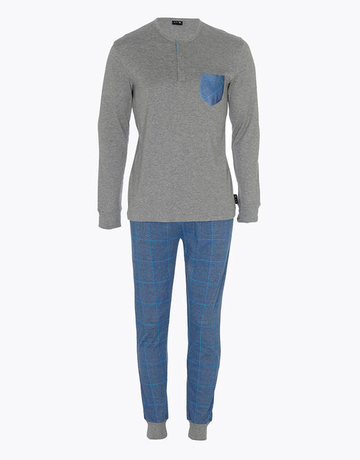 Lovable Pigiama lungo in interlock di cotone, grigio melage scuro e blu polvere con stampa Spedizione Gratuita