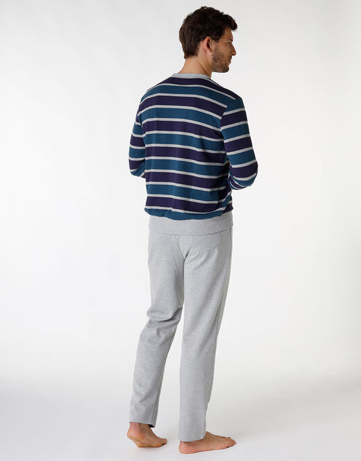 Lovable Pigiama lungo a righe in cotone, grigio melange e blu Prezzo Ridotto