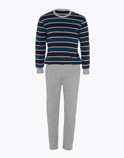Lovable Pigiama lungo a righe in cotone, grigio melange e blu Prezzo Ridotto