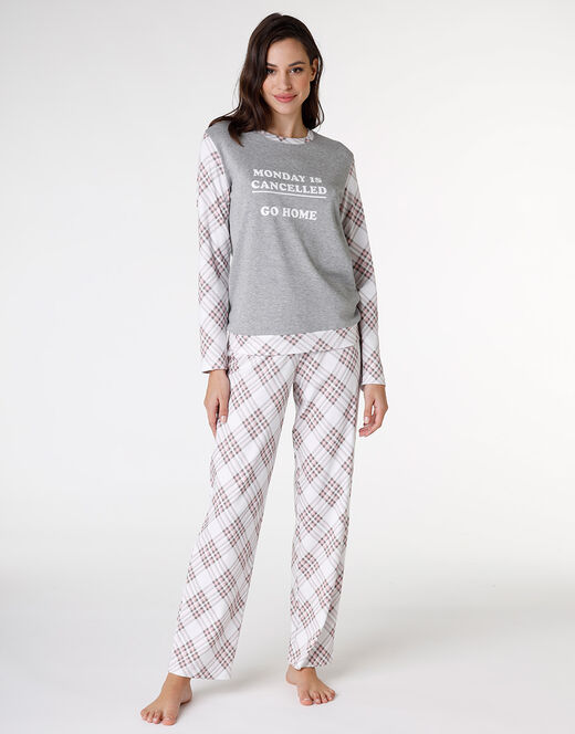 Lovable Pigiama lungo in interlock di cotone, grigio melange stampato Moda