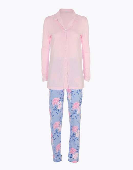 Lovable Pigiama lungo aperto in cotone modal, rosa con stampa floreale In Linea