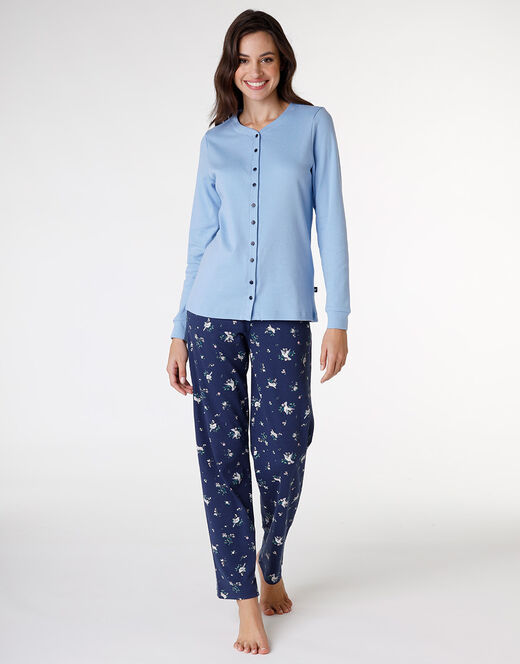 Lovable Pigiama lungo aperto in interlock di cotone, azzurro con stampa In Vendita