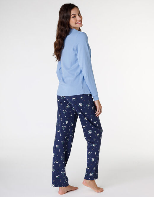 Lovable Pigiama lungo aperto in interlock di cotone, azzurro con stampa In Vendita