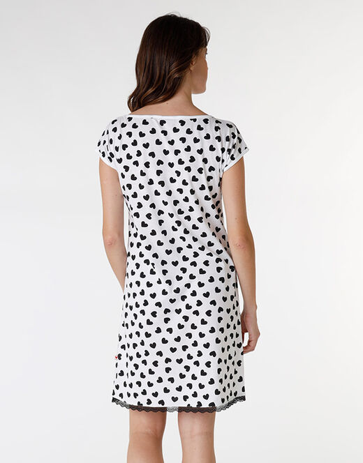 Lovable Camicia da notte in jersey di cotone, stampa cuori neri su sfondo bianco In Vendita
