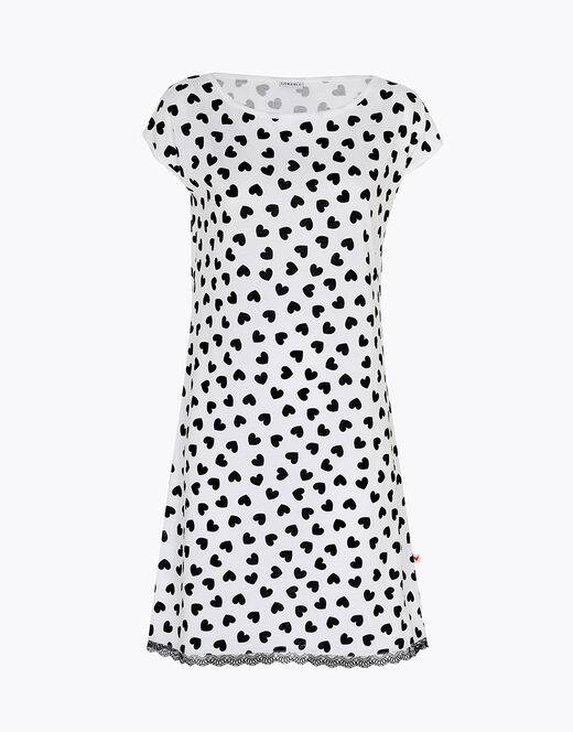 Lovable Camicia da notte in jersey di cotone, stampa cuori neri su sfondo bianco In Vendita