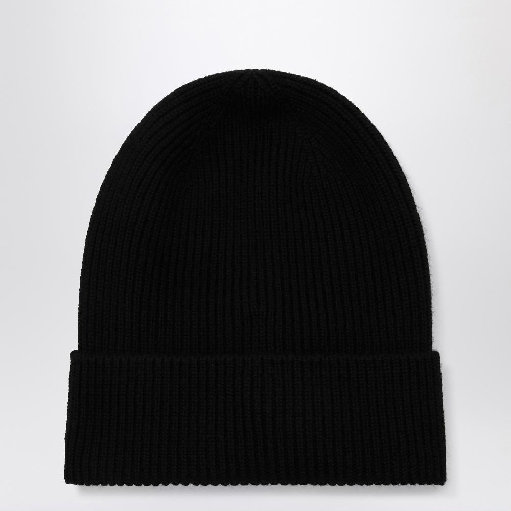 Moncler Cuffia nera in lana con patch logo Fino Al -60%