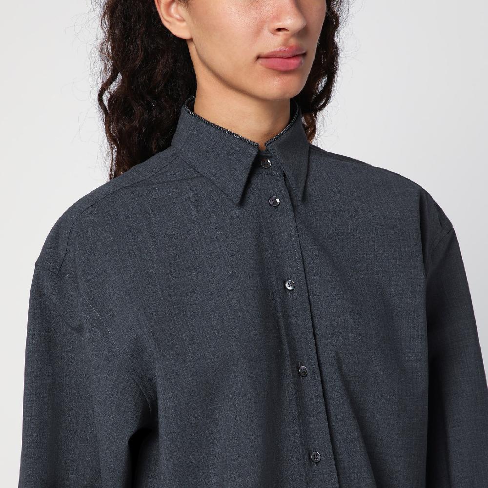Brunello Cucinelli Camicia grigia scura con Shiny Collar Detail Consegna Veloce