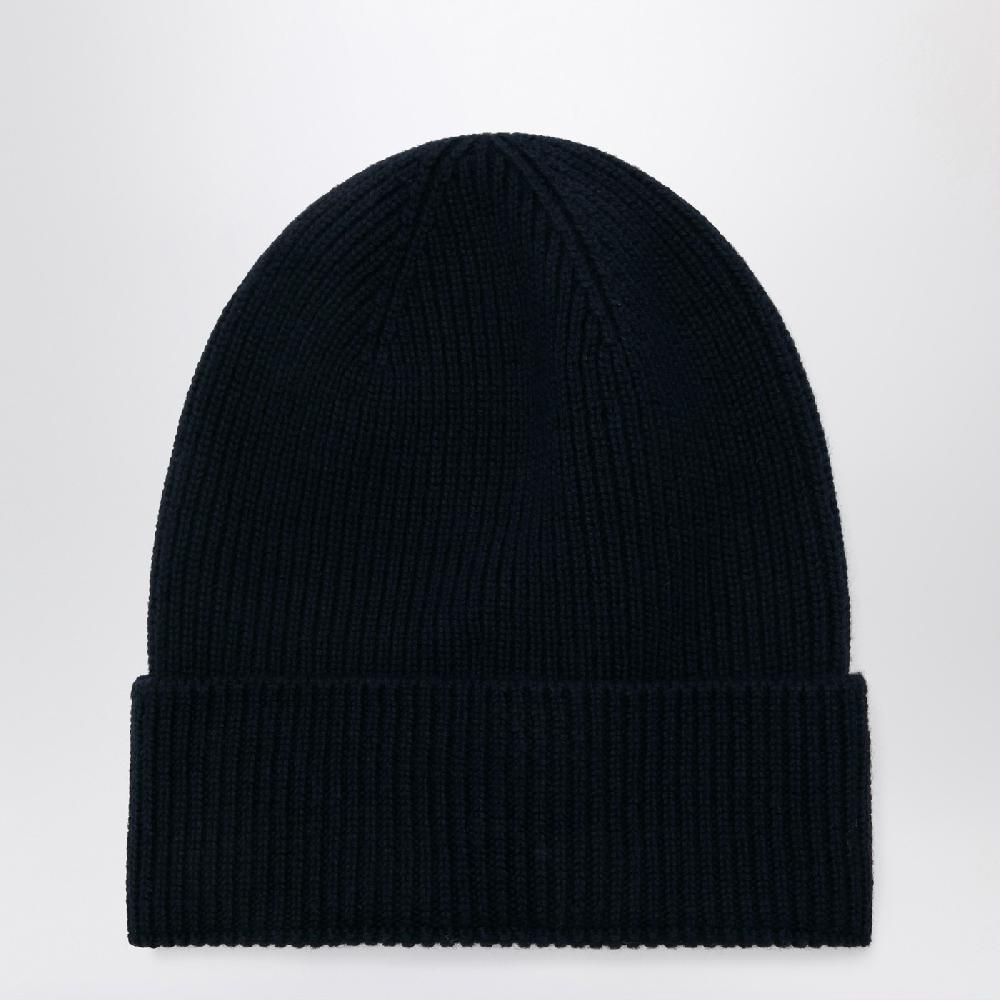 Moncler Cuffia blu in lana con patch logo Nuovo
