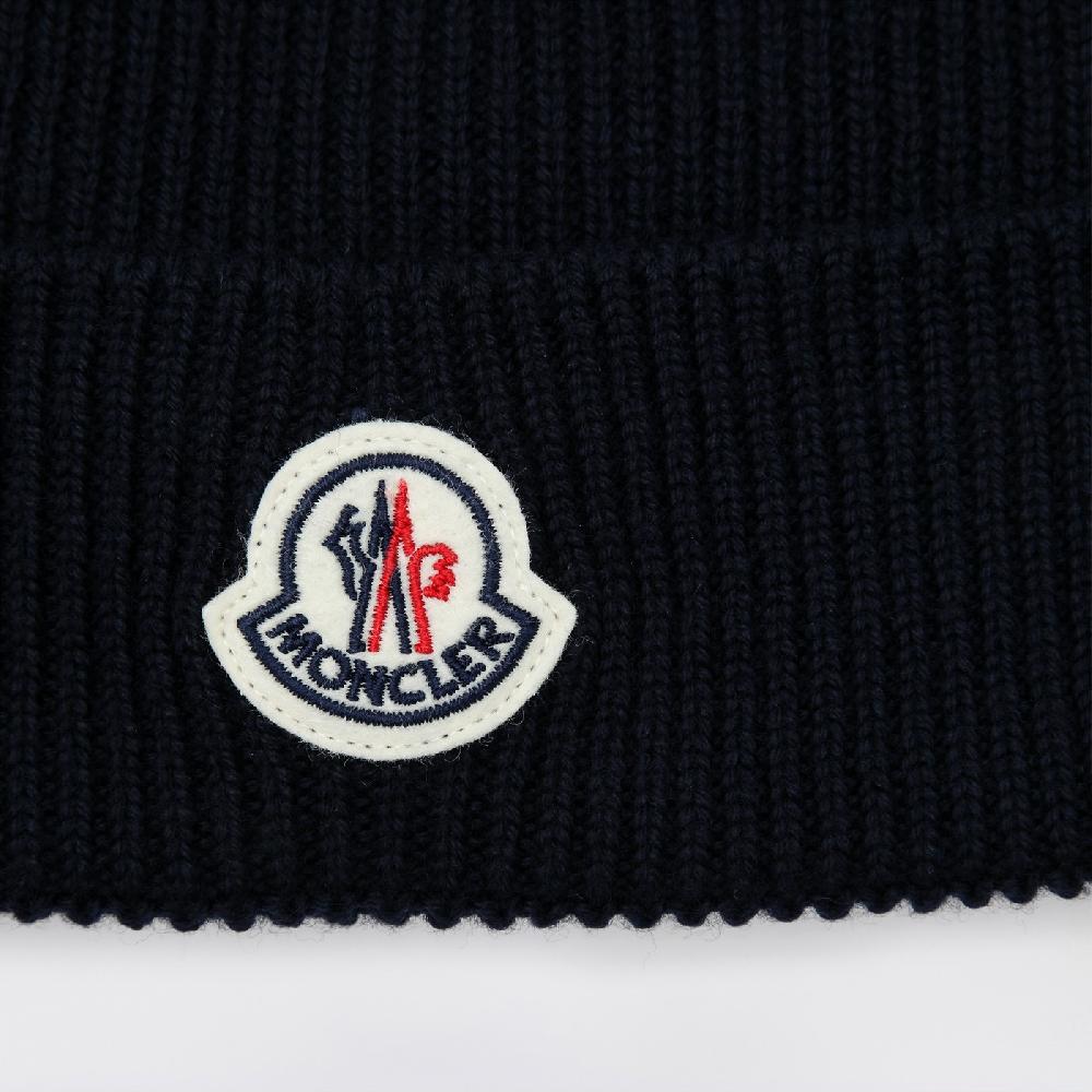 Moncler Cuffia blu in lana con patch logo Nuovo