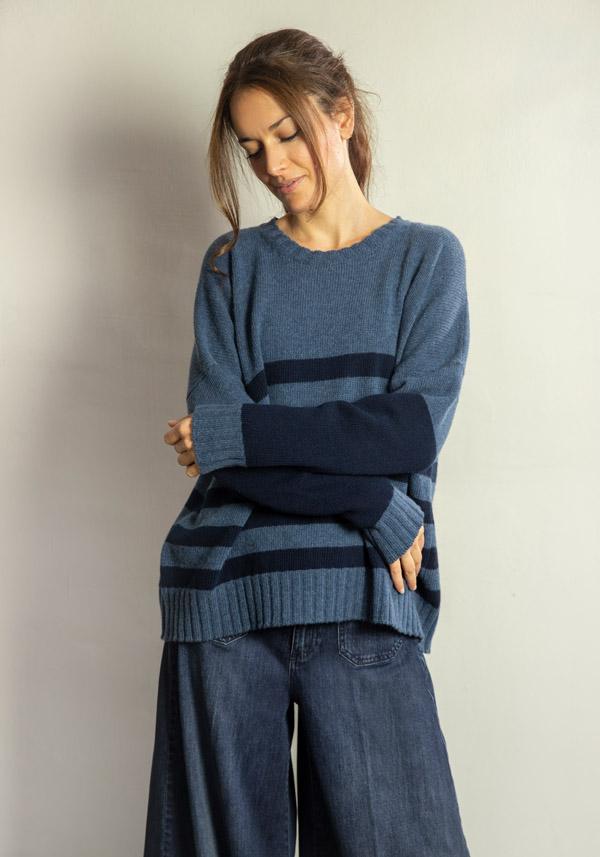 Rose & Lini MARCHÉ DES PALMIERS WOOL “GINEVRINA” STRIPED PULL BORMIDA & BLUE Promozione