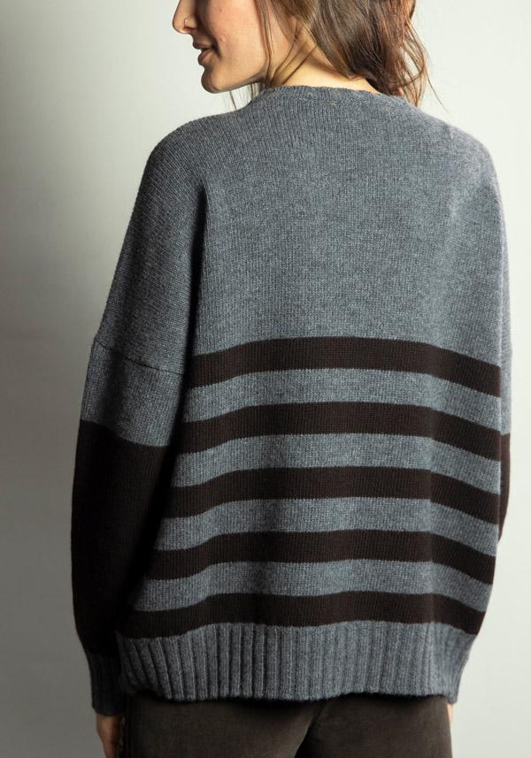 Rose & Lini MARCHÉ DES PALMIERS WOOL “GINEVRINA” STRIPED PULL GREY & EBONY Spedizione Gratuita