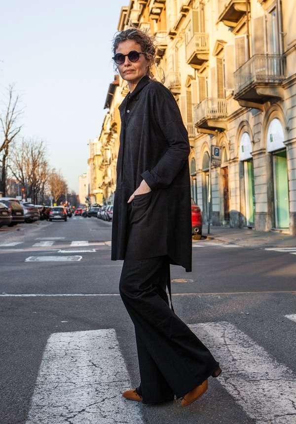 Rose & Lini GIORGIO BRATO BLACK SUEDE LEATHER MAXI SHIRT Vendita
