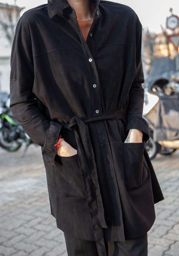 Rose & Lini GIORGIO BRATO BLACK SUEDE LEATHER MAXI SHIRT Vendita
