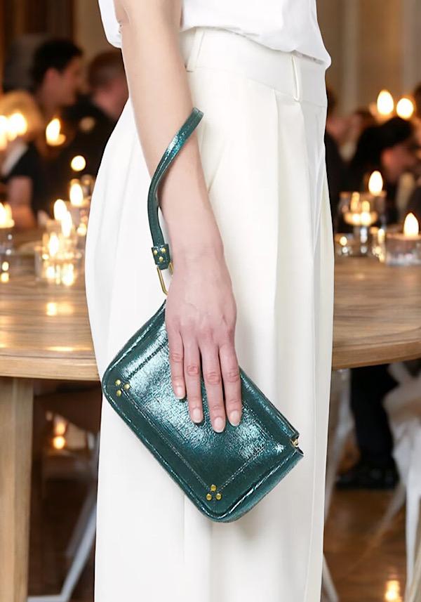 Rose & Lini JÉRÔME DREYFUSS “CLAP M” LAMÈ GREEN CLUTCH BAG Vendita