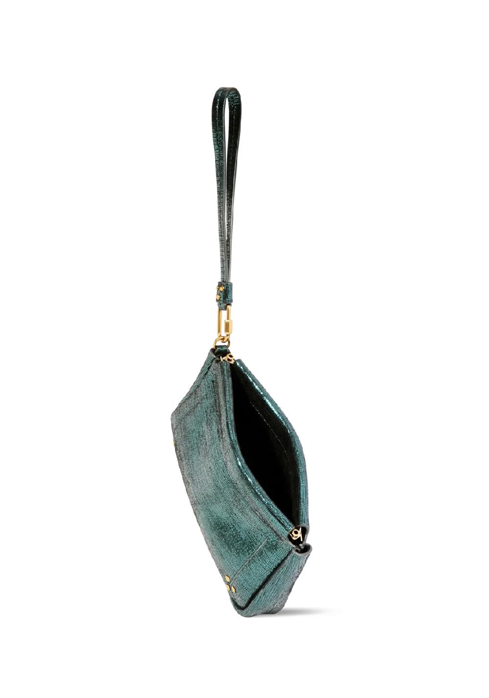 Rose & Lini JÉRÔME DREYFUSS “CLAP M” LAMÈ GREEN CLUTCH BAG Vendita