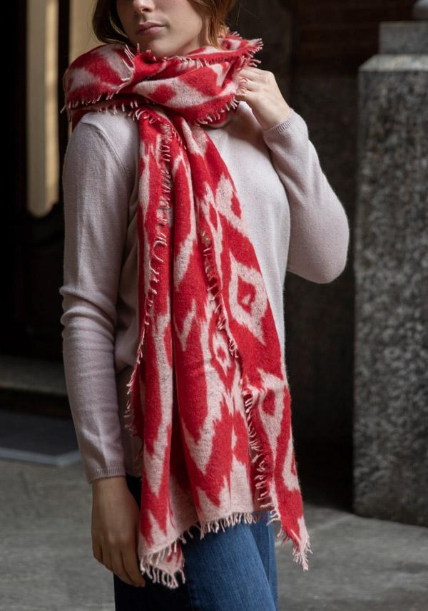 Rose & Lini MIRROR IN THE SKY CASHMERE “OPEN KNITTED PRINT” BEIGE & FIERY SCARF Vendita Economica