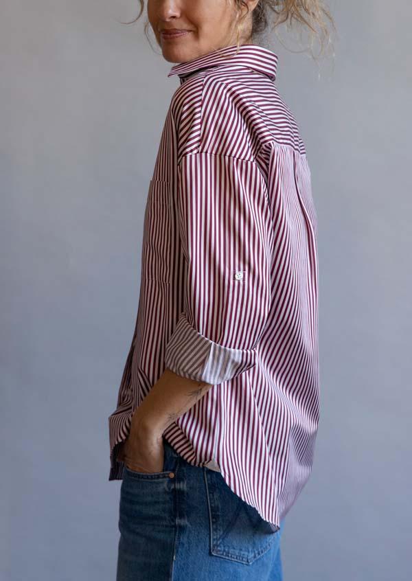 Rose & Lini FINAMORE BORDEAUX & WHITE STRIPED “SONIA” SHIRT Vendita Calda