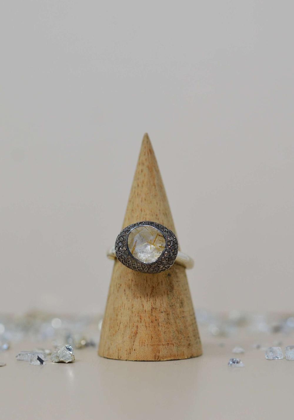 Rose & Lini ROSAMARIA SILVER “CARRIE” DIAMONDS & RUTILATED QUARTZ RING Super Saving Price