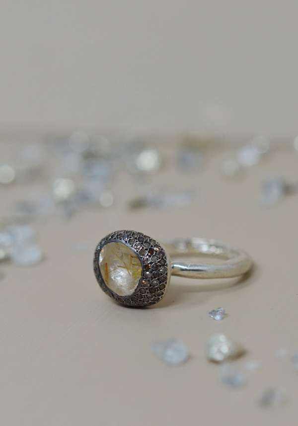 Rose & Lini ROSAMARIA SILVER “CARRIE” DIAMONDS & RUTILATED QUARTZ RING Super Saving Price