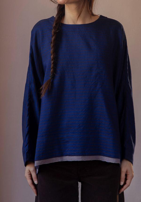 Rose & Lini AODRESS WOOL “BLOUSE 1” LAPIS & BROWN STRIPES Rilascio limitato