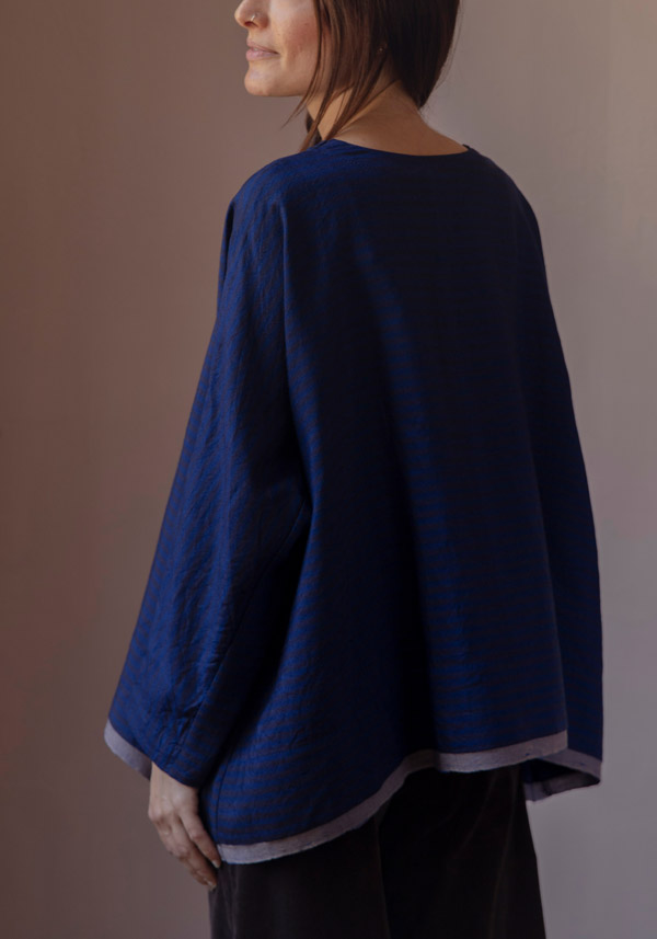 Rose & Lini AODRESS WOOL “BLOUSE 1” LAPIS & BROWN STRIPES Rilascio limitato