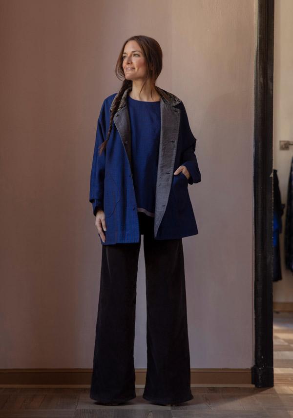 Rose & Lini AODRESS WOOL “BLOUSE 1” LAPIS & BROWN STRIPES Rilascio limitato