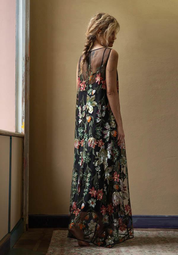 Rose & Lini CO.GO BLACK “DRESS VV354” FLOWER EMBROIDERIES Trasporto libero internazionale