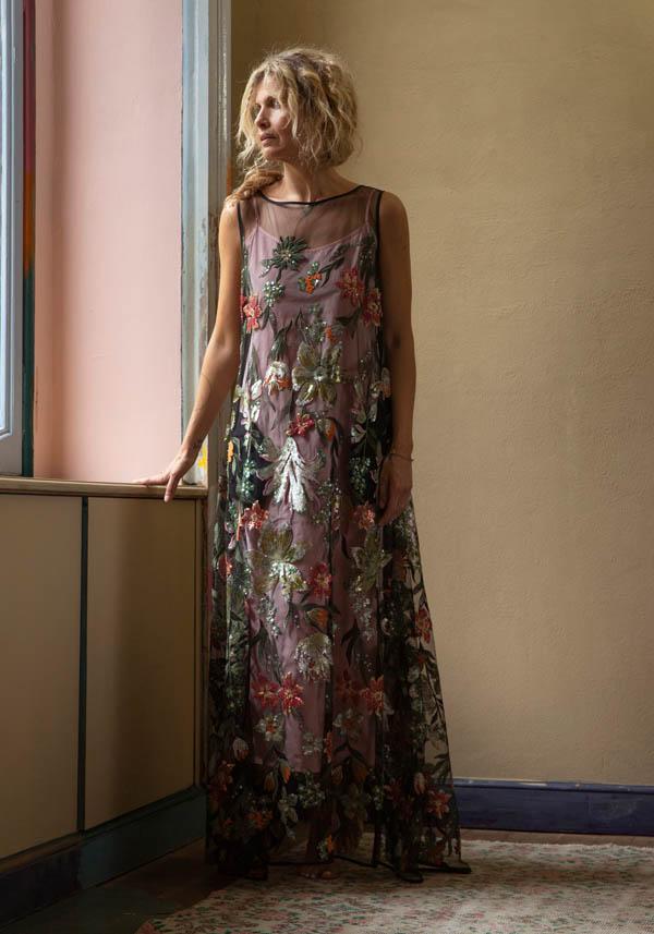 Rose & Lini CO.GO BLACK “DRESS VV354” FLOWER EMBROIDERIES Trasporto libero internazionale